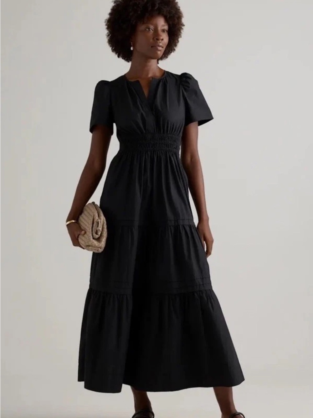 Quince NWT Black 100% Organic Cotton Puff Sleeve Tiered Maxi Dress M